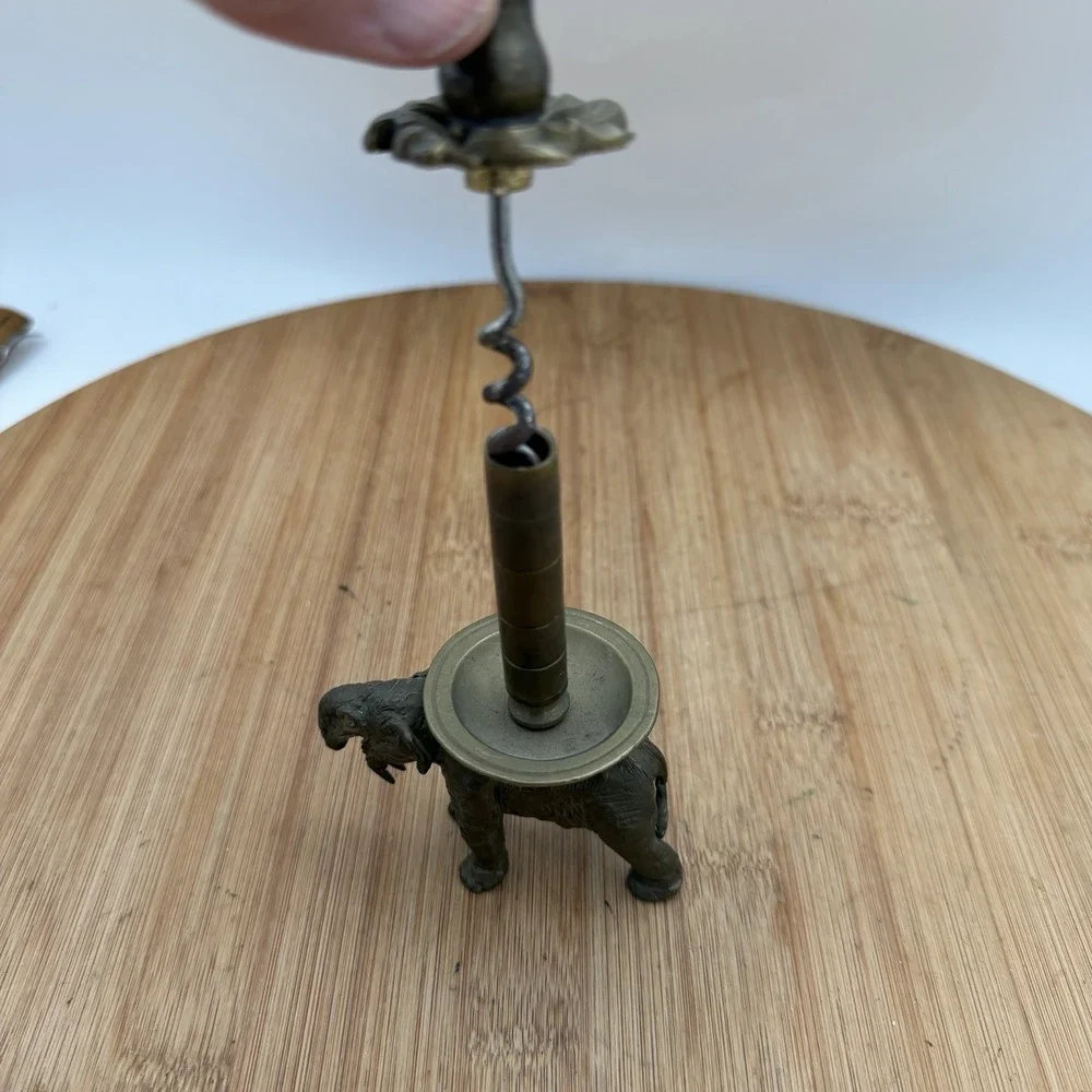 Vintage Solid Brass‎ Elephant Corkscrew Candle Base Barware